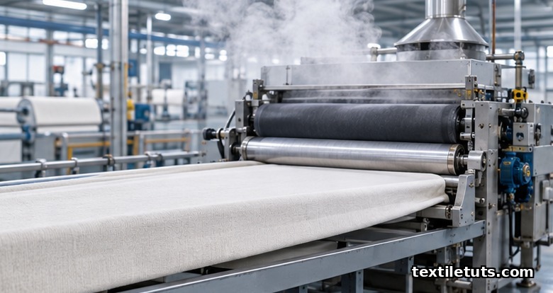 Wide view of a knit fabric finishing line showing a compacting machine with heated cylinder and rubber blanket processing pale cotton jersey.