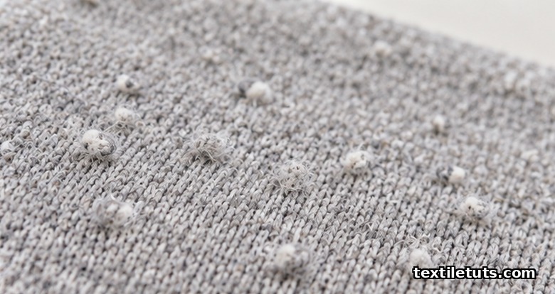 Macro photograph of pale grey knit fabric with small surface fiber pills visible under soft daylight.