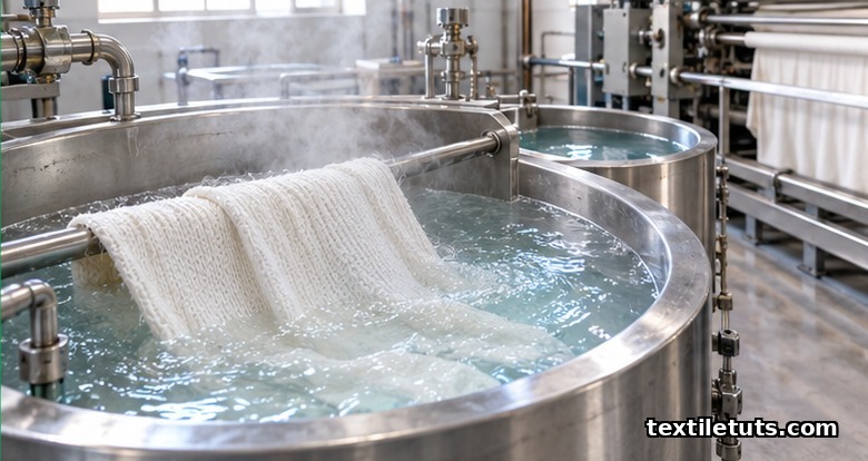 White cotton knit fabric half-submerged in an open stainless-steel scouring and bleaching bath with faint steam rising.