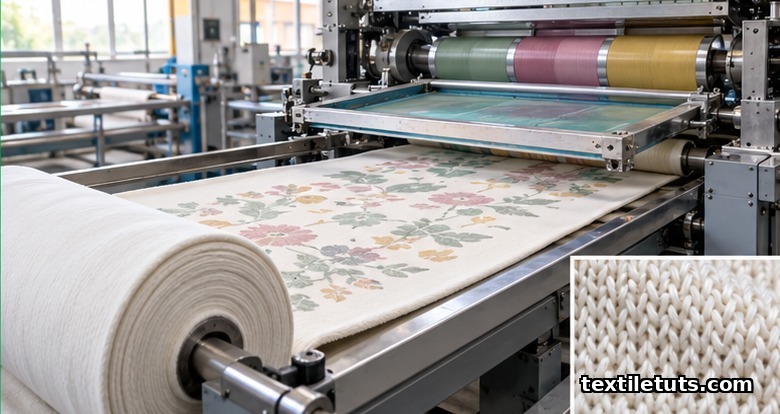 Editorial view of a knit fabric printing line with cotton jersey unrolling past color rollers and a screen frame above a print blanket, with macro loop detail.