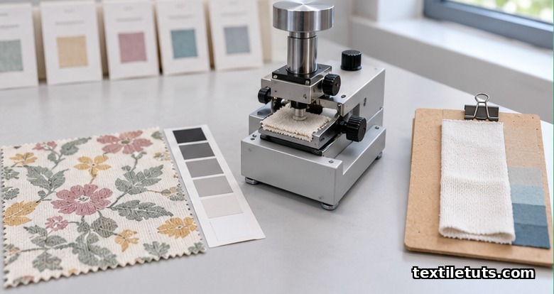 Laboratory workbench with printed knit swatch on a grey-scale card, crockmeter rubbing tester, and lightfastness sample in soft daylight.