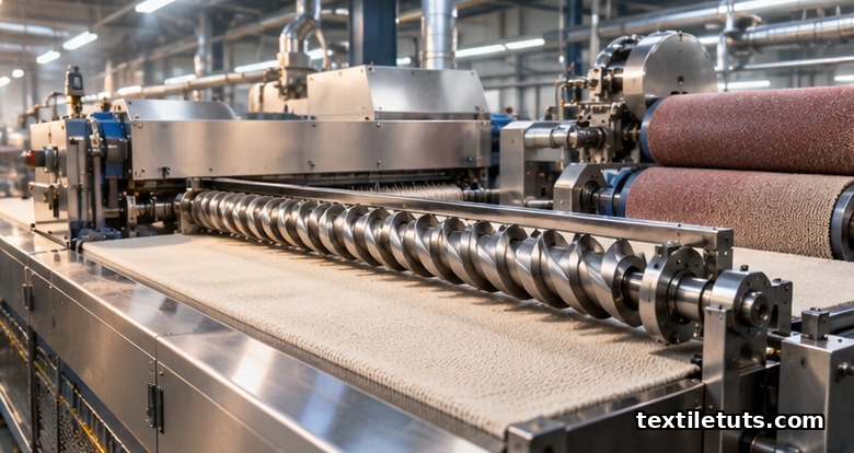 Industrial knit finishing line with spiral shearing cylinder and emery sueding rollers processing fabric under overhead lighting.