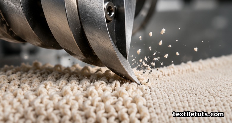 Close-up of a spiral shearing blade cutting raised fiber loops on a knit fabric surface to a uniform short pile height.