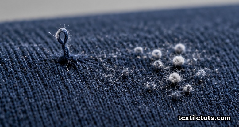 Navy knit swatch after abrasion showing a pulled-loop snag and small surface pills and fuzz balls forming on the fabric.