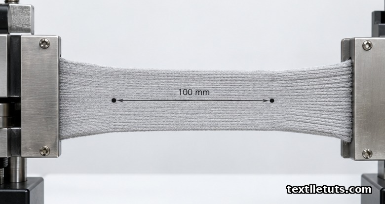 Cotton single jersey knit strip stretched in a bench-top tensile testing rig with 100mm gauge marks visible between steel jaws.