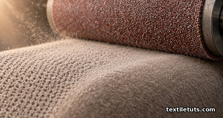 Macro view of an emery-covered abrasive roller sanding a knit fabric to produce a soft sueded peach-skin surface texture.