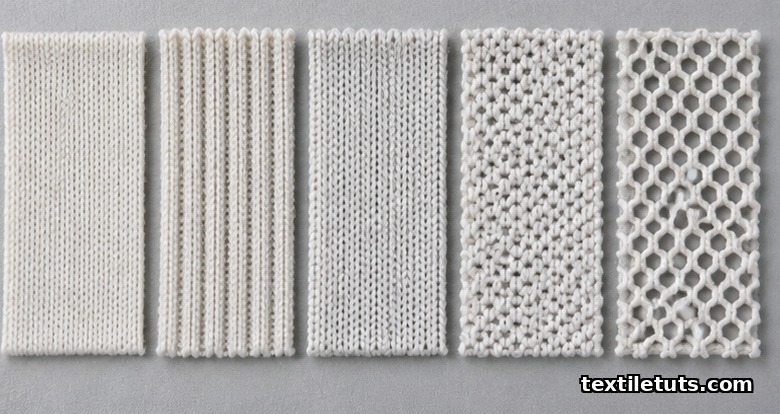 Comparison of knit structures — single jersey, rib, interlock, piqué, and raschel net — with varying air permeability.
