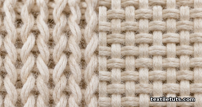 Split macro view comparing interlooped knit yarn structure with plain weave interlacing in cream cotton.