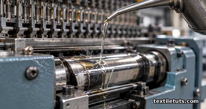 Long-spout oil can applying a clear stream of machine oil to the cam track of a knitting machine carriage, forming a glistening film.