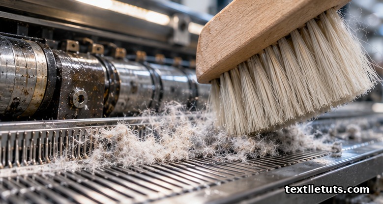 Soft bristle brush sweeping fiber lint and fly from the needle bed slots of a knitting machine under overhead workshop light.