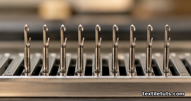 Close-up of a knitting machine needle bed showing evenly spaced steel latch needles in a row, illustrating the needle density that defines machine gauge.