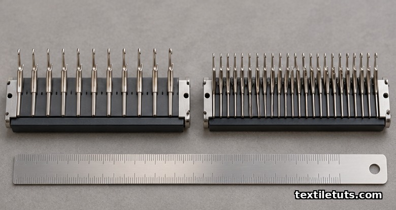 Side-by-side view of an E-gauge 9 NPI needle bed and a finer EE-gauge 12 NPI needle bed, showing the tighter needle pitch of EE.