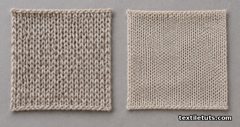 Two single-jersey swatches laid flat: an E-gauge fingering knit beside a finer EE-gauge single jersey, showing the difference in stitches per unit length.