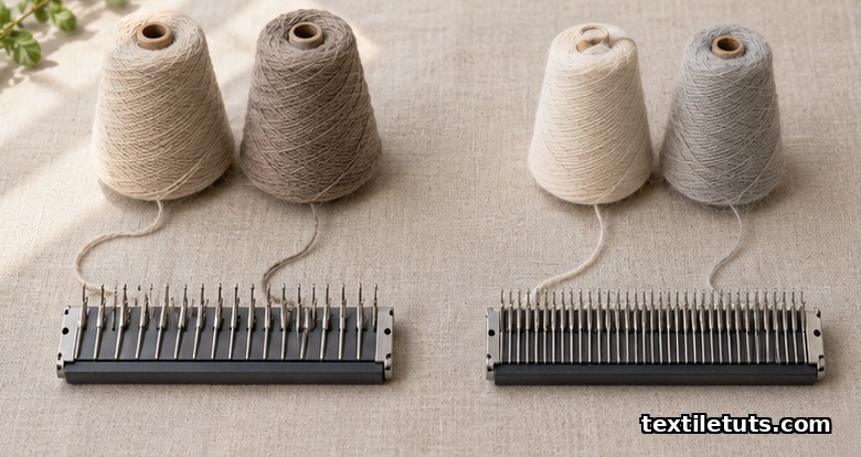 Flat lay of fingering yarn cones beside an E-gauge needle bed and finer lace yarn cones beside an EE-gauge needle bed, showing the yarn-to-gauge pairing rule.