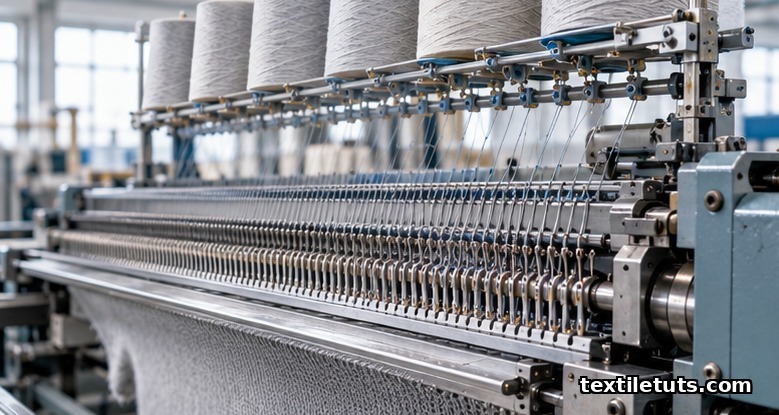 Aligned latch needles in a flatbed knitting machine under soft workshop daylight, with cotton yarn threaded above the needle line.