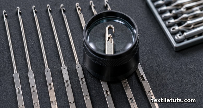 Removed knitting machine needles aligned on a dark workshop mat under a loupe magnifier highlighting the latch and hook geometry.