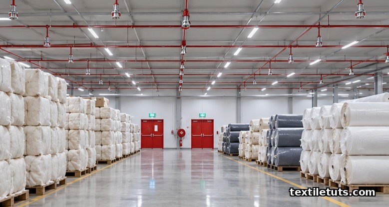 Ceiling sprinkler system, emergency exits, and emergency lighting in a textile storage warehouse for fire safety.