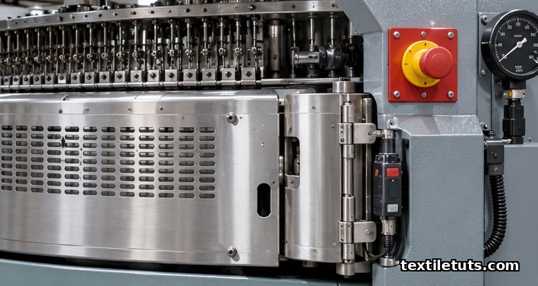 Close-up of a circular knitting machine cylinder with needle guards, interlocked door, and emergency-stop actuator.