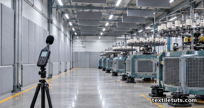 Acoustic panels, anti-vibration mounts, and a sound-level meter for noise control in an empty knitting mill hall.
