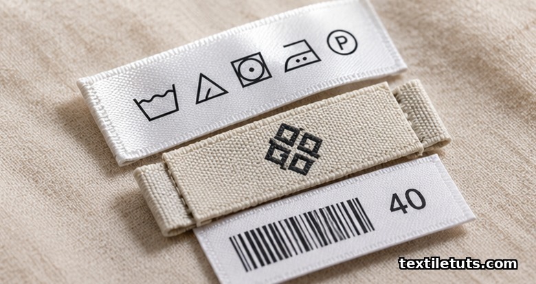 Macro shot of care, brand, and size garment labels fanned out on cotton fabric, showing pictograms and woven damask.