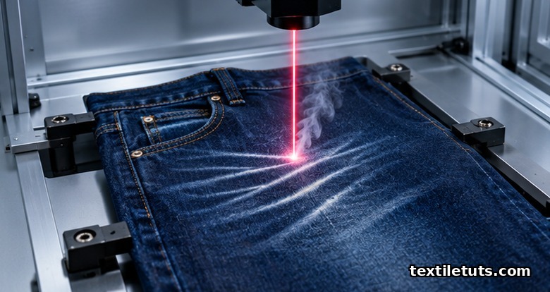 A focused laser beam from a galvanometer scan head traces a whisker pattern onto mounted indigo denim jeans.