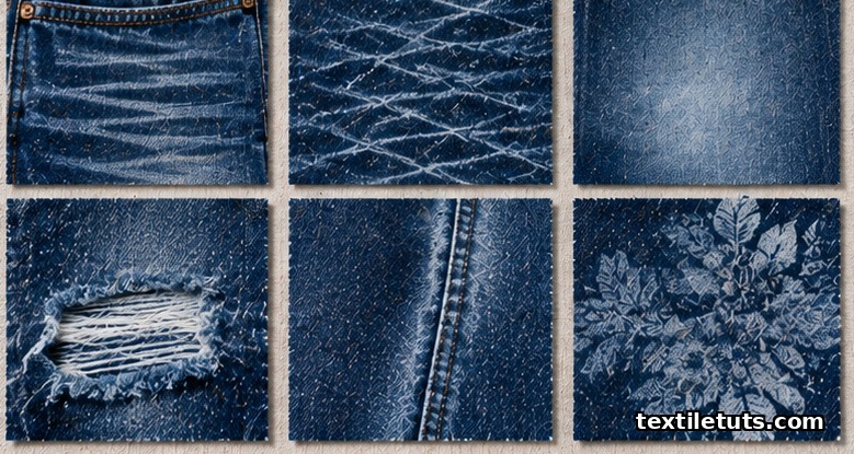 Denim swatch collage displaying laser effects: whiskers, honeycombs, thigh fades, knee blowouts, and prints.