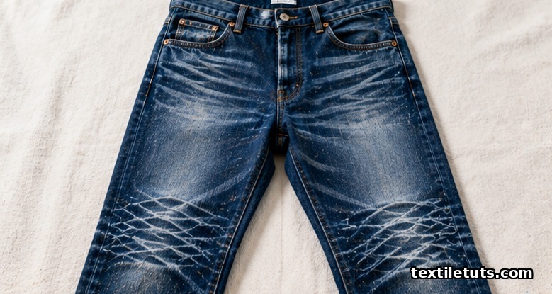 Indigo-dyed denim jeans showing laser-treated whiskers, honeycombs, and thigh fades in sharp contrast patterns.