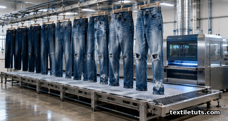 Industrial laser denim finishing line with multiple jeans showing a range of fade intensities.