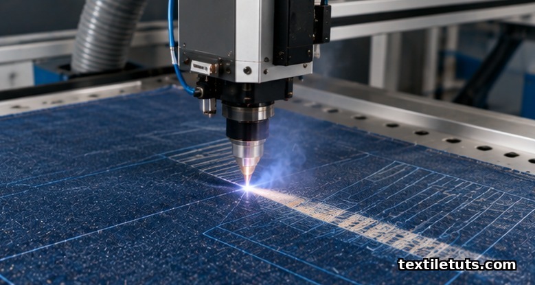 Close-up of a CO2 laser head scanning indigo cotton twill, sublimating dye to create fade patterns.