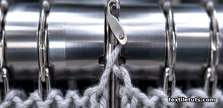 Close-up of a latch needle seated in a circular knitting machine cylinder with its pivoting latch blade visible across the closed hook.