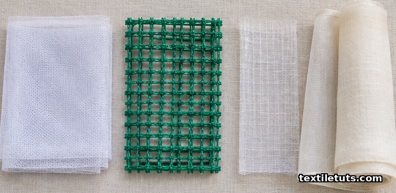 Flat-lay of leno fabric samples including mosquito net, shade net, monofilament scrim, and curtain marquisette.