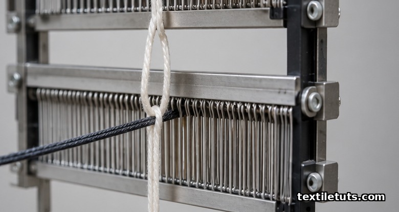 Technical still life of a loom doup harness with heddles, doup loop, and crossing warp ends.