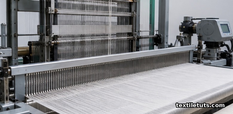 Interior view of a shuttleless weaving loom showing the doup harness, coarse reed, warp ends, and let-off mechanism.