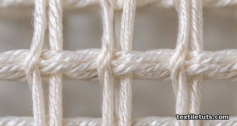 Extreme close-up of a leno weave fabric showing two warp yarns twisted around a weft pick with open mesh between crossings.