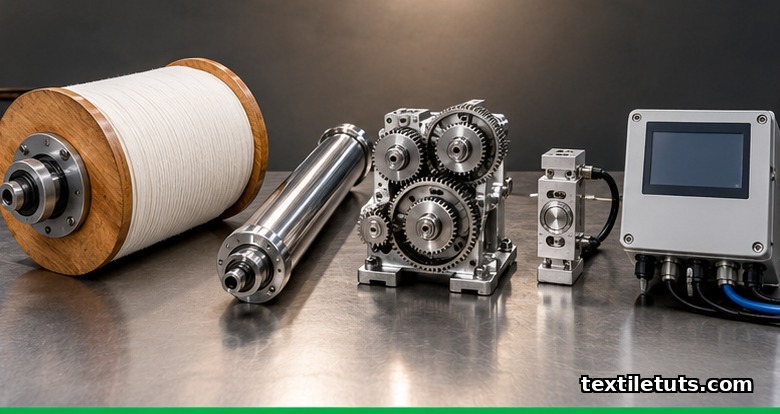 Studio still life of the five let-off components: warp beam, back rest, gear train, load cell, and controller.