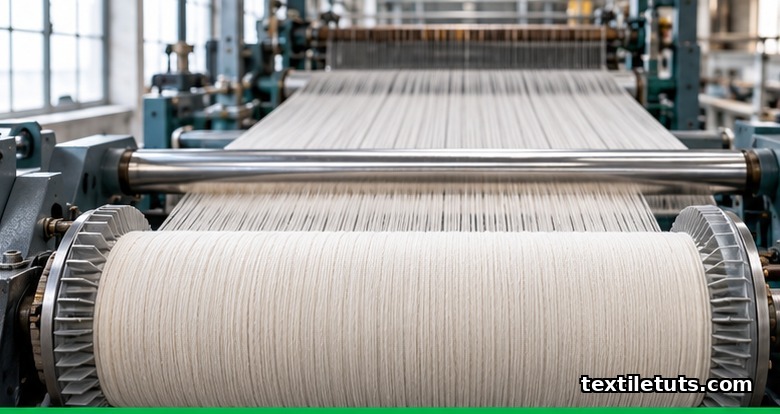 Rear view of an industrial loom's warp beam with cream warp yarn feeding forward over a polished back rest roller.