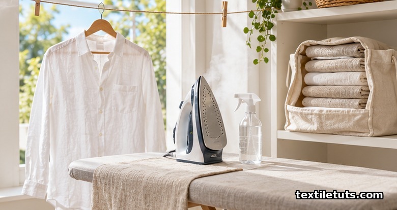 Linen shirt air drying on a line, steam iron on pressed linen, and folded linen stored in a cotton bag
