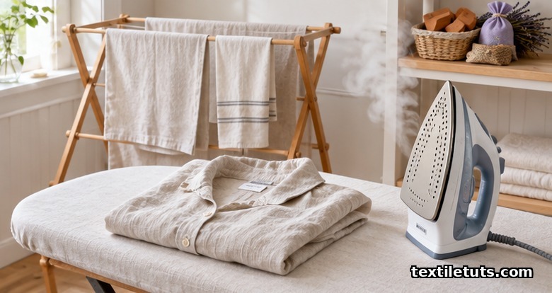 Damp linen shirt on an ironing board with steam iron, linen air drying on a rack, and cedar blocks for storage