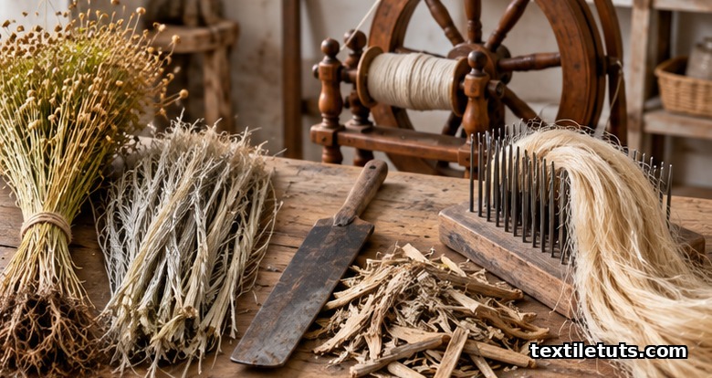 Pulled flax stalks, scutching blade, hackling comb with line fibers and spinning wheel showing how linen is made