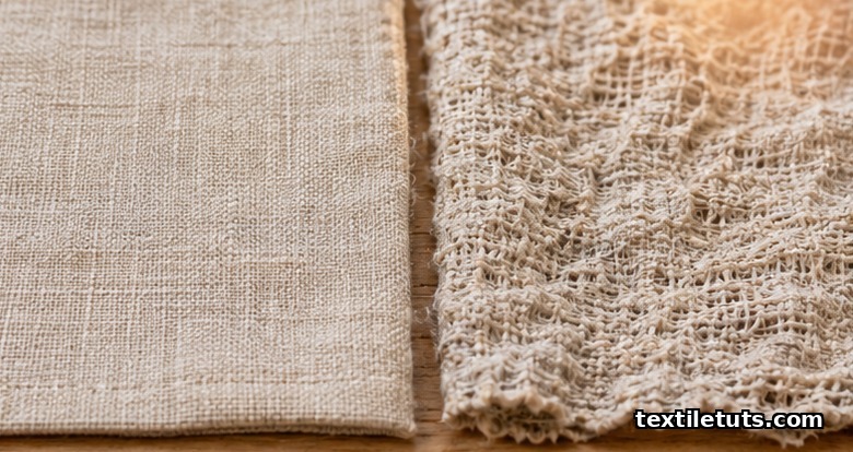 Macro close-up of smooth linen beside shrunken, puckered linen with kinked fibers from high heat tumble drying