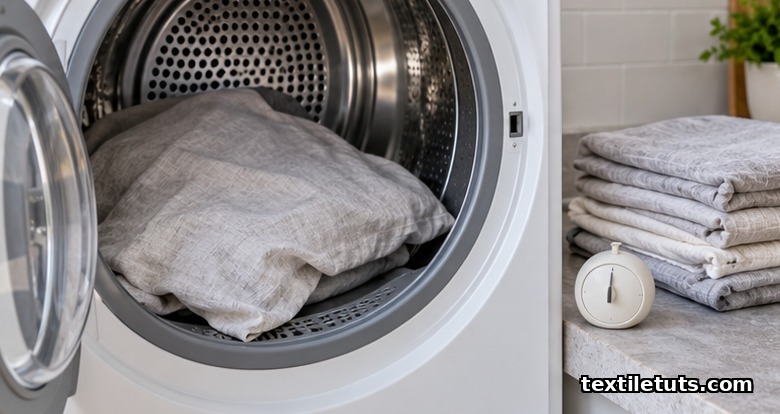 Slightly damp linen pillowcase loosely placed in a tumble dryer drum next to a timer and half-dried folded linen
