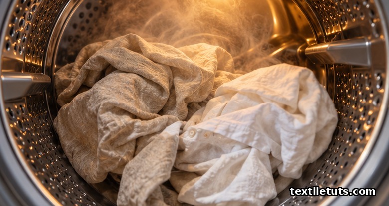 Beige and white linen garments tumbling inside a warm steel dryer drum with rising steam