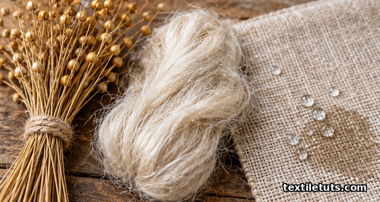 Dried flax stems, raw flax fiber, and a woven linen swatch absorbing water droplets on a wooden table