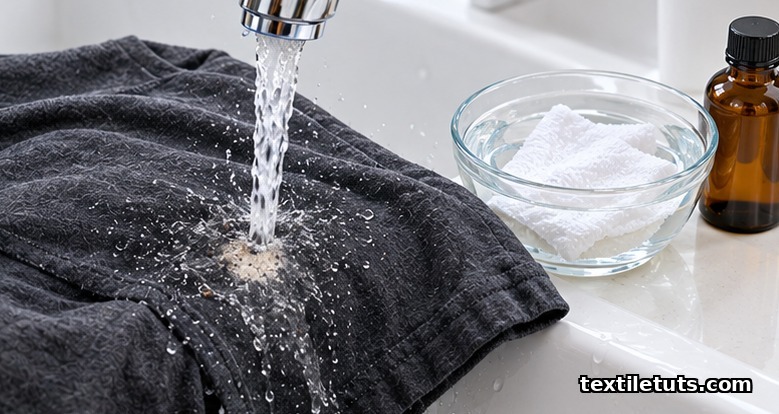 Linen napkin flushed with cold water from the reverse side of a coffee stain, with oxygen bleach paste nearby
