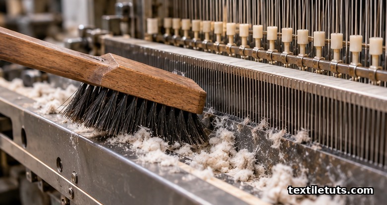 Brush sweeping fly lint out of the picker race beneath the breast beam of a power loom during daily cleaning.