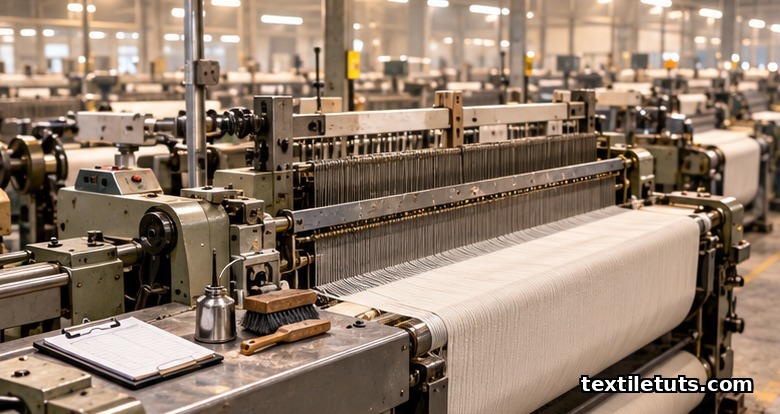Wide view of weaving looms under routine maintenance with cleaning tools and oil cans placed on the side rail in an industrial mill.