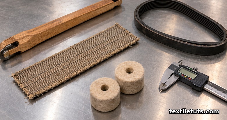 Worn picker sticks, brake bands, drive belts, and felt buffers laid out for monthly wear-part inspection on a workbench.