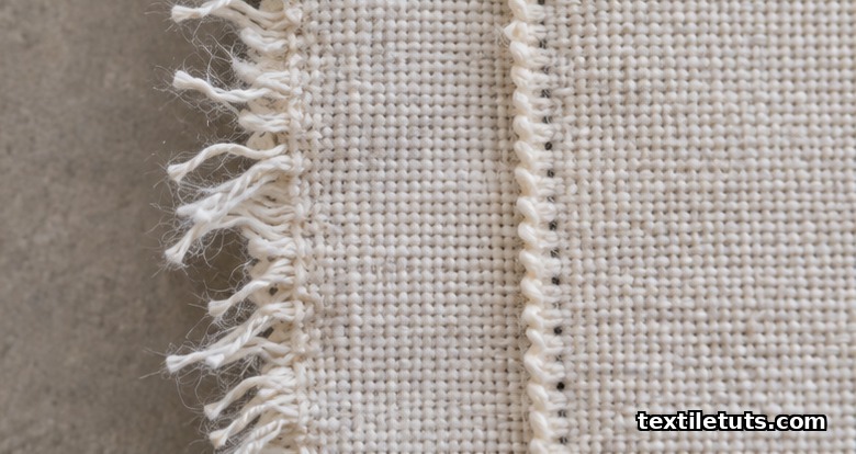 Macro comparison of a loose wavy selvedge and a tight pulled-in selvedge on freshly woven cotton fabric edge.