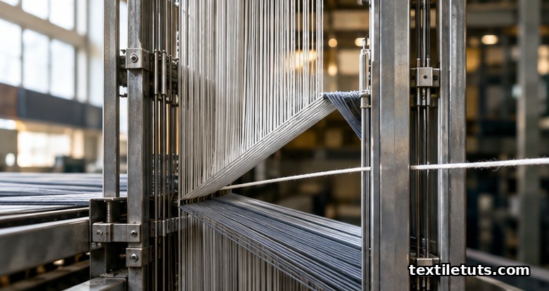 Close-up of a V-shaped warp shed on a rapier loom with weft yarn being inserted through the triangular opening between upper and lower warp layers.