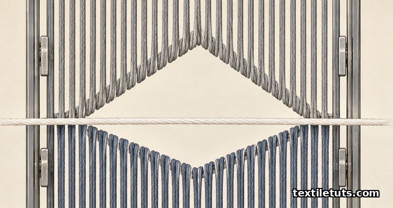 Side-profile diagram of a weaving loom shed showing warp yarns split into upper and lower layers forming a triangular gap with weft crossing through.